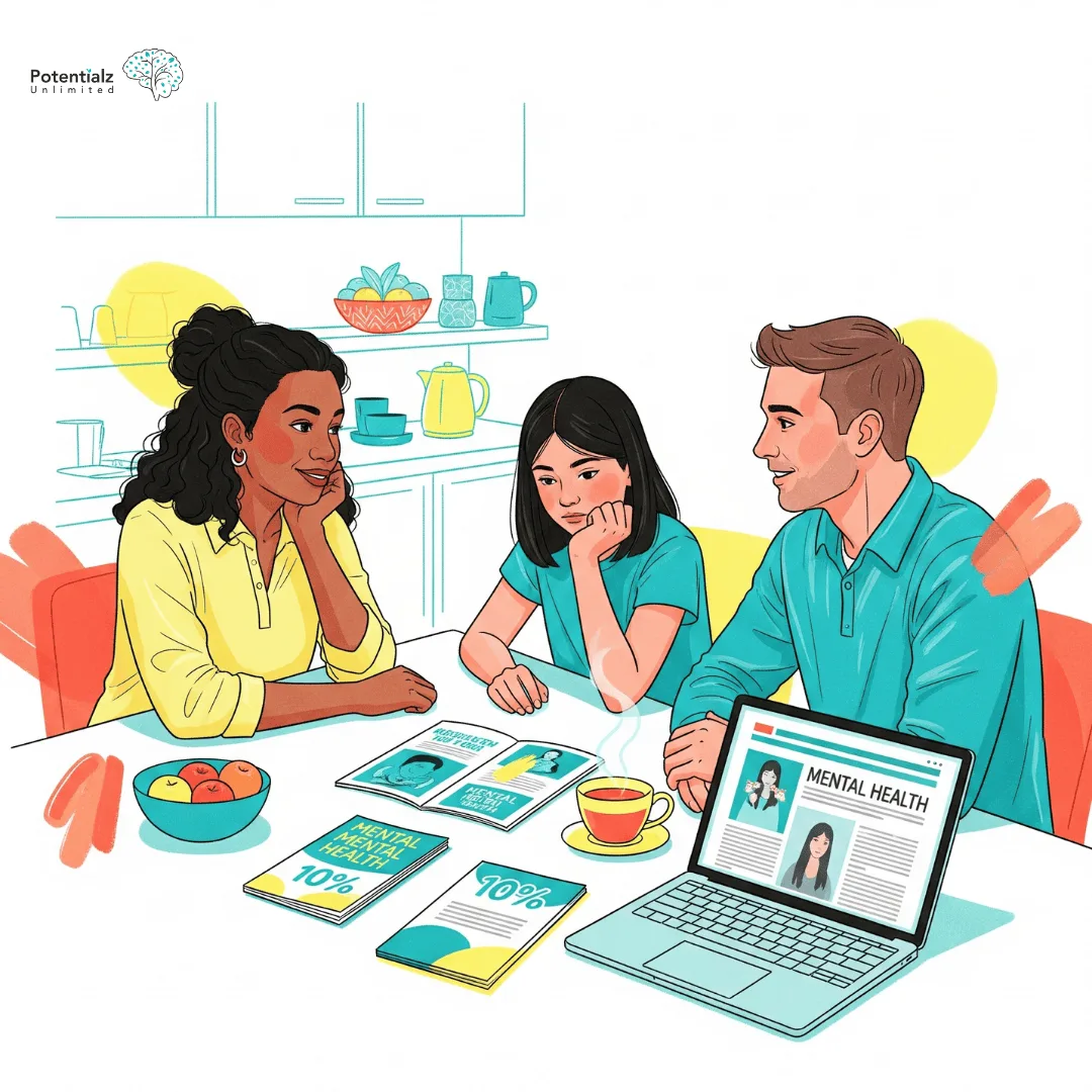 A modern family engages in a meaningful conversation around the kitchen table, surrounded by mental health resources and research, fostering a supportive environment for mental health education.