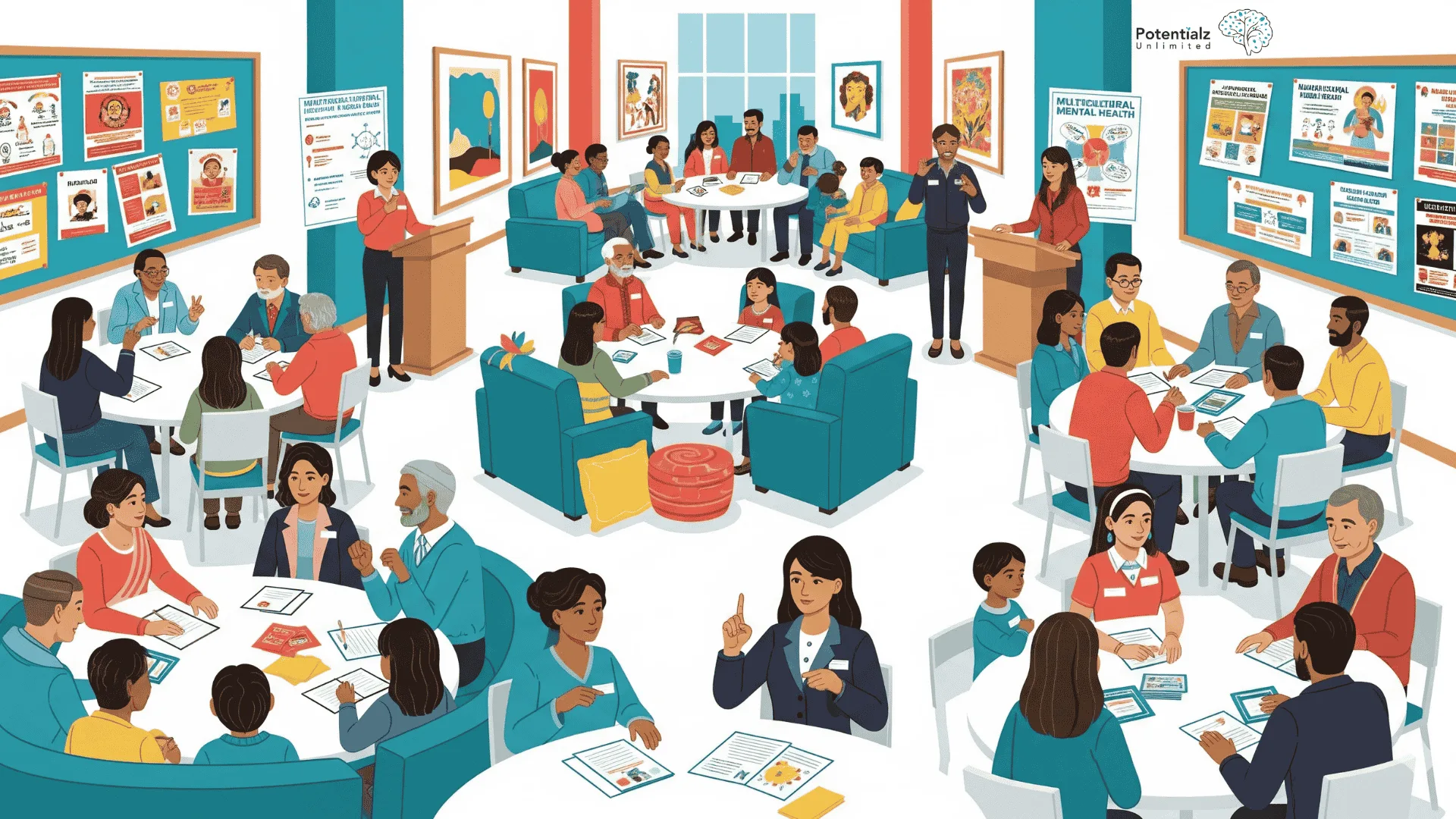 Community members gather at a cultural center for an inclusive meeting on mental health, where interpreters and multicultural resources bridge scientific insights with cultural wisdom.