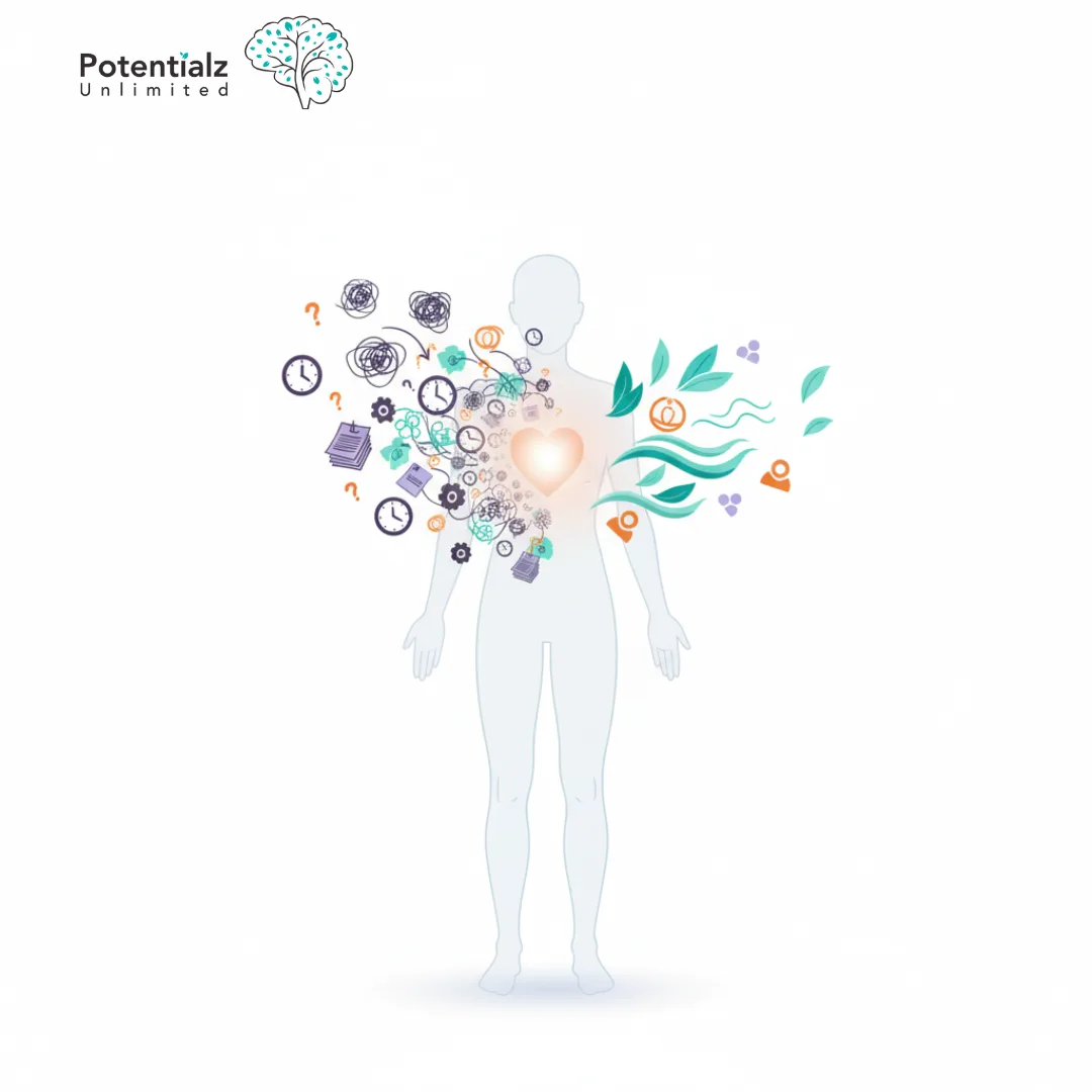 Illustration showing human silhouette with heart and stress symbols transforming to calm elements representing stress management for heart health bella vista