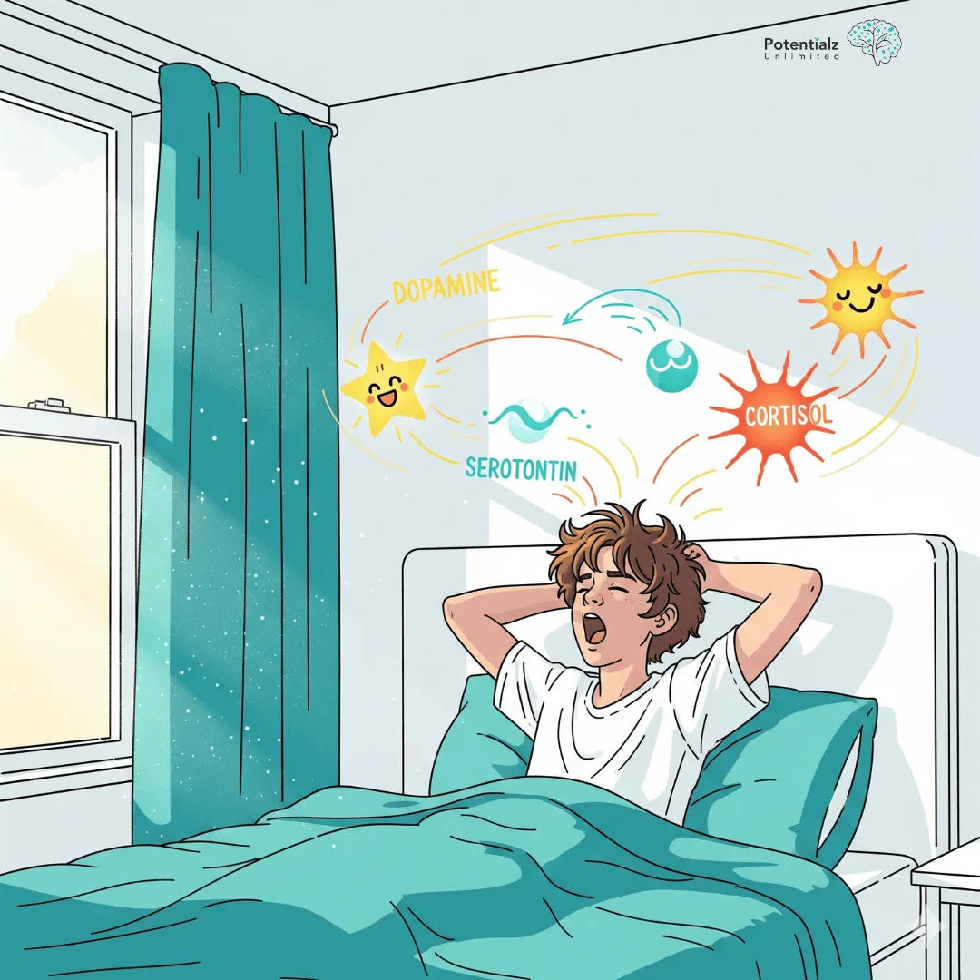 A vibrant morning scene showing a teenager waking up with animated, glowing neurotransmitter molecules (like tiny colorful messengers) flowing from their brain, representing the start of the day's chemical journey.