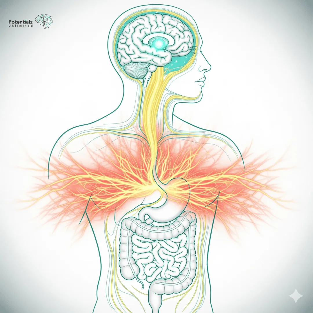 Artistic depiction of the intricate gut-brain connection, highlighting vibrant neurotransmitter pathways between the digestive system and brain, and illustrating the concept of the "second brain."