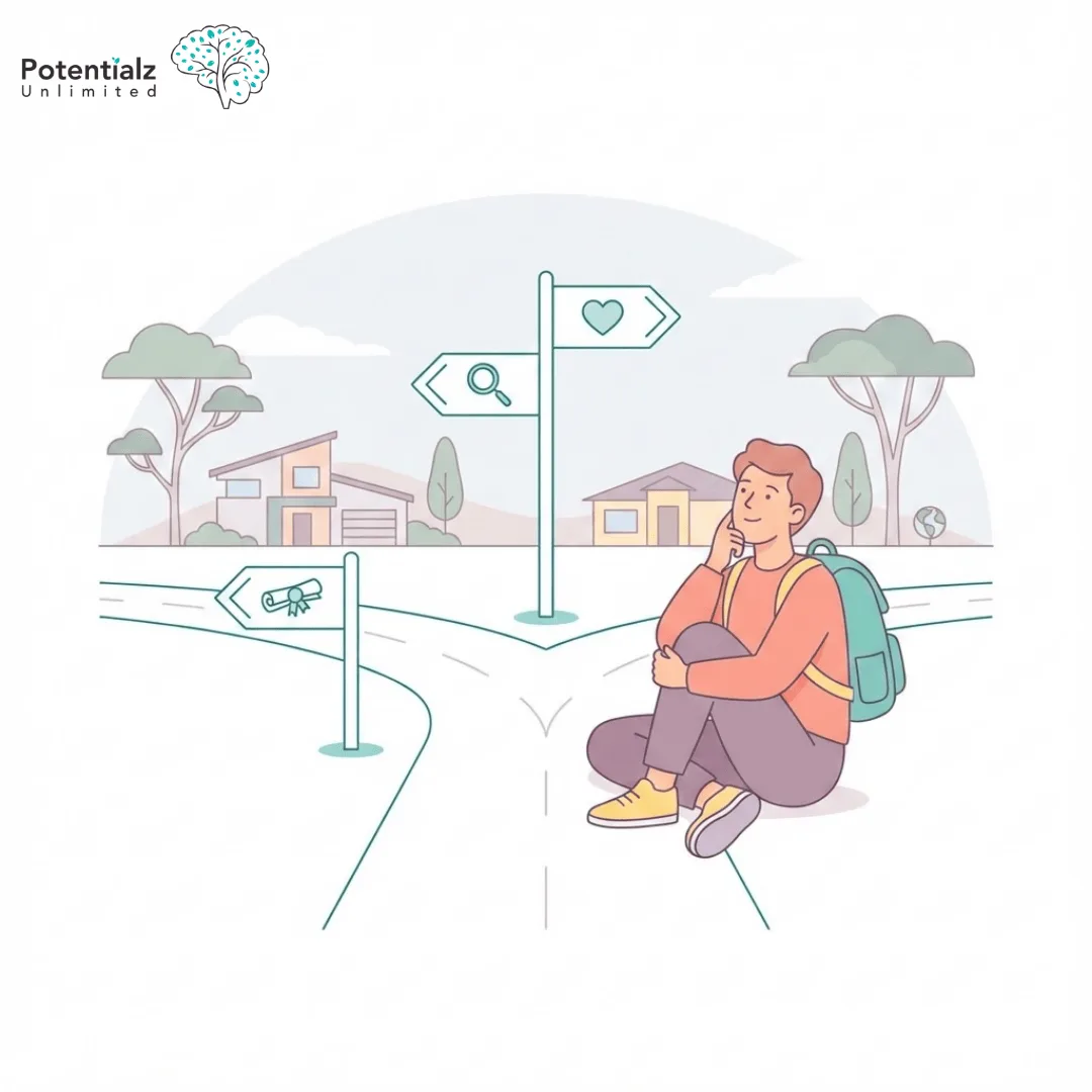 
A young adult sits thoughtfully at a crossroads, contemplating choices that symbolize life’s diverse paths and the hopeful journey ahead.