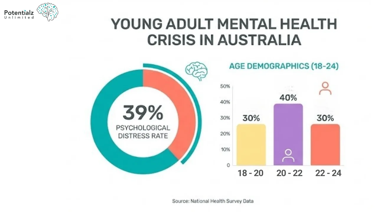 Infographic reveals a 39% psychological distress rate among young adults in Australia, with the highest impact on those aged 20-22, according to National Health Survey Data.