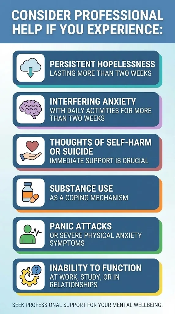 Guidance on when to seek professional mental health support, highlighting signs such as persistent hopelessness, interfering anxiety, self-harm thoughts, substance use, panic attacks, and inability to function.