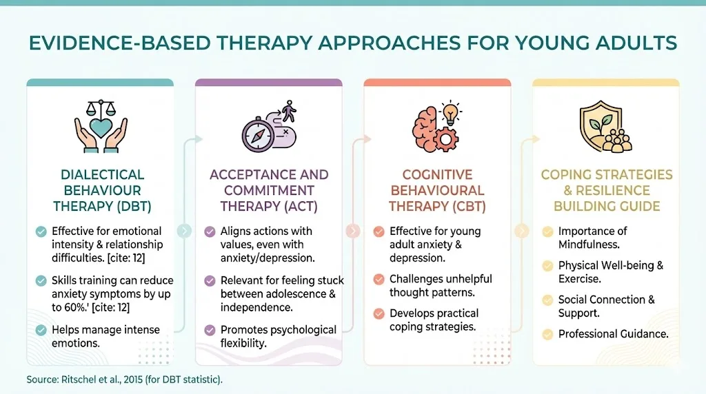 Overview of evidence-based therapy approaches for young adults, detailing Dialectical Behaviour Therapy (DBT), Acceptance and Commitment Therapy (ACT), Cognitive Behavioural Therapy (CBT), and Coping Strategies & Resilience Building.