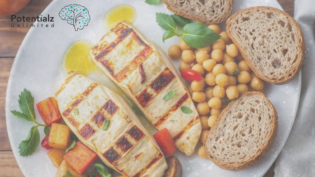 Mediterranean meal with grilled fish, roasted vegetables, and whole grains showing nutrition for mental health