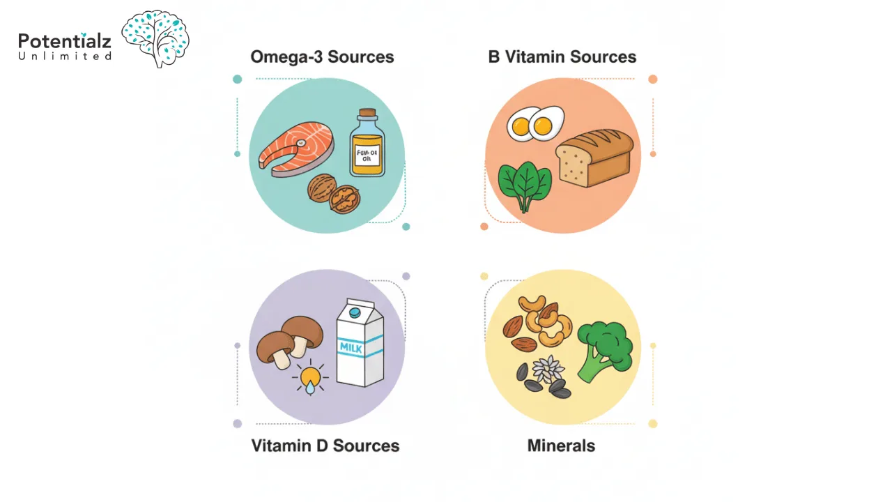 Infographic displaying key nutrients for mental health including omega-3, B vitamins, vitamin D, and minerals