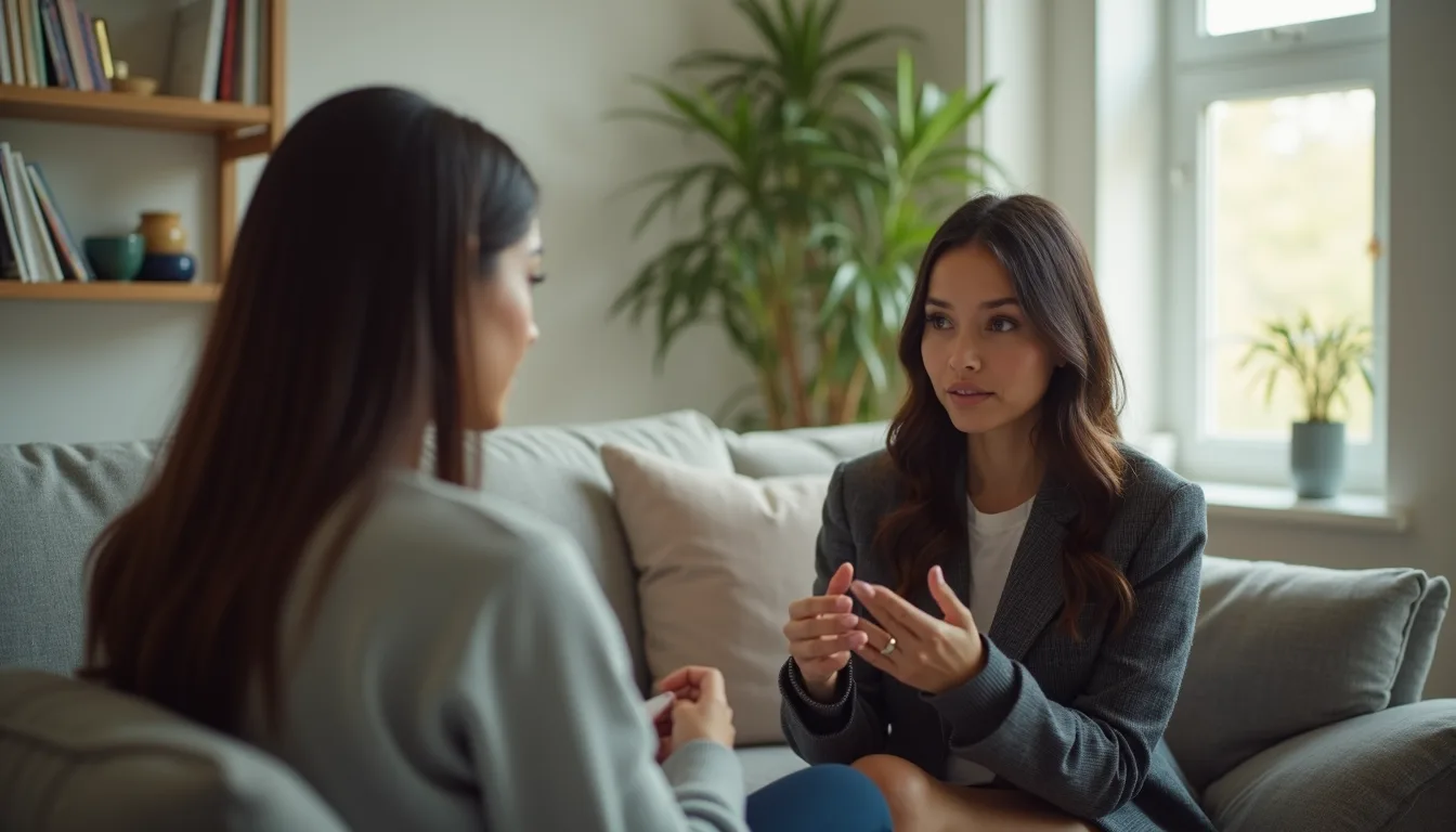 Professional psychologist consulting with client in a psychology practice offering mental health support