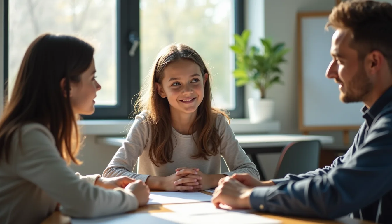 Eye-level view of a parent and teacher discussing a child's behavior assessment