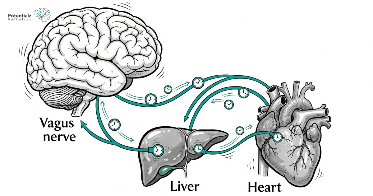 A scientific diagram showing the connection between the brain, vagus nerve, liver, and heart.