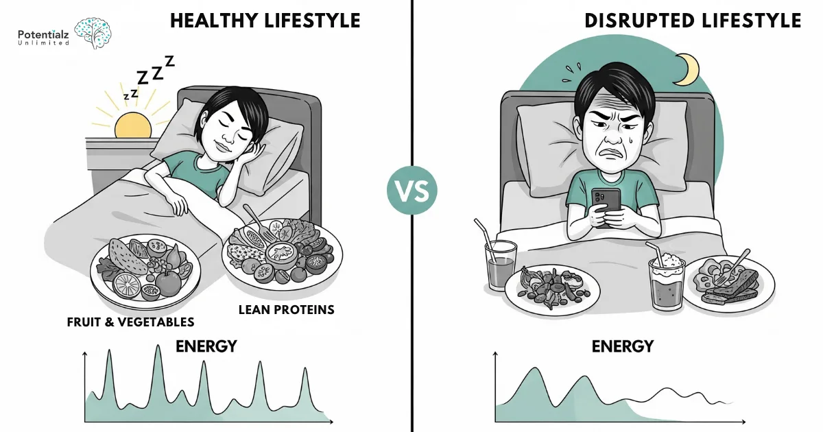 Split comparison showing "Healthy Lifestyle" to "disrupted lifestyle"