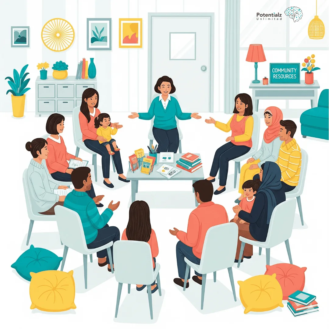 Families gather in a warm and welcoming environment, sharing experiences and resources about ADHD in a supportive community meeting.