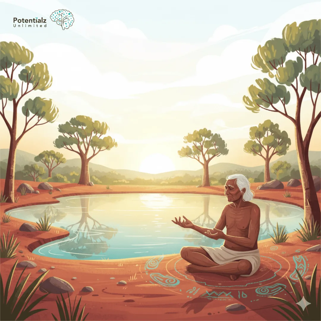 At sunrise, an Aboriginal elder sits by a billabong, embodying a deep connection to the land and ancestral wisdom in the Australian landscape.