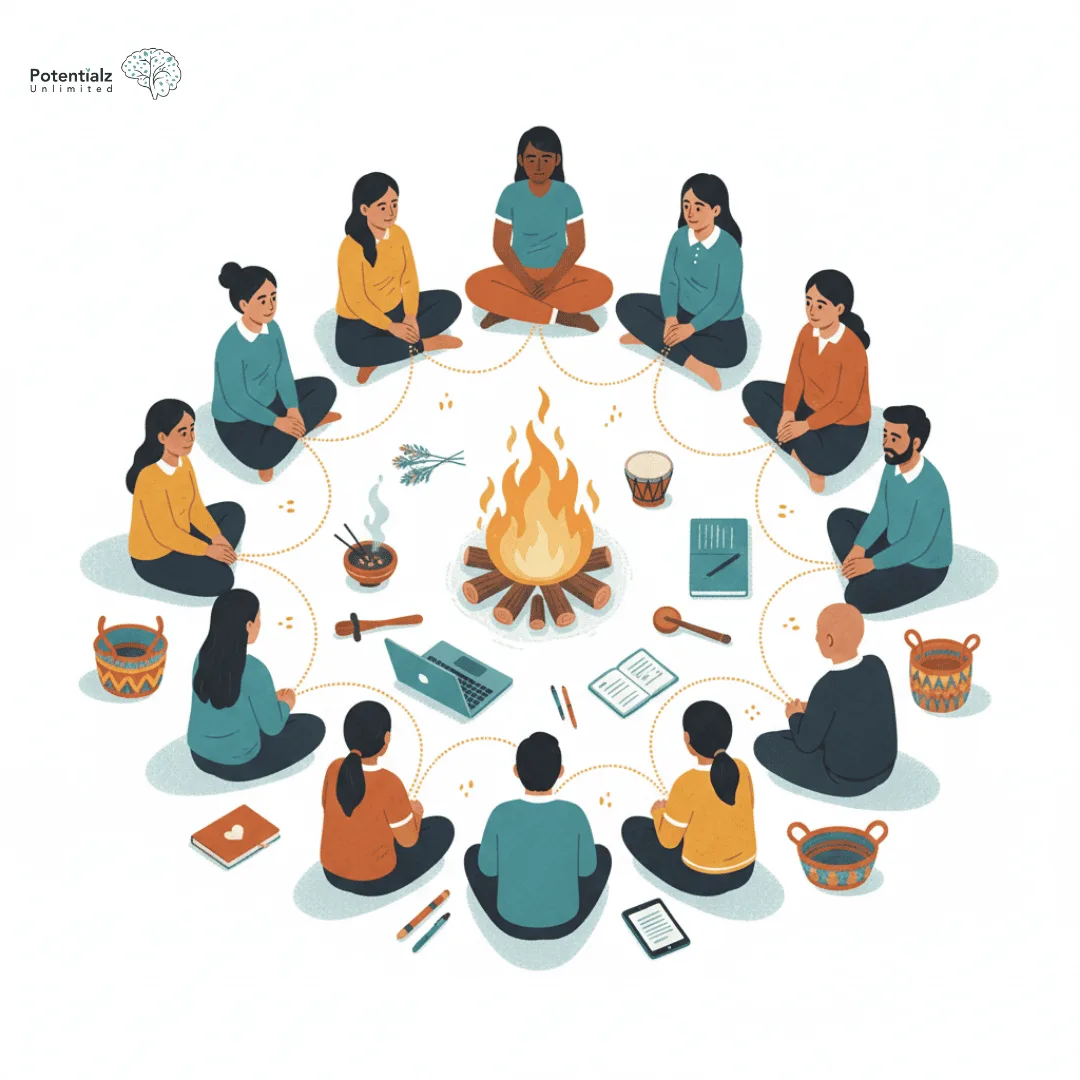 
Healing circle unites Indigenous and non-Indigenous practitioners around a sacred fire, blending traditional and contemporary tools in a culturally informed practice.