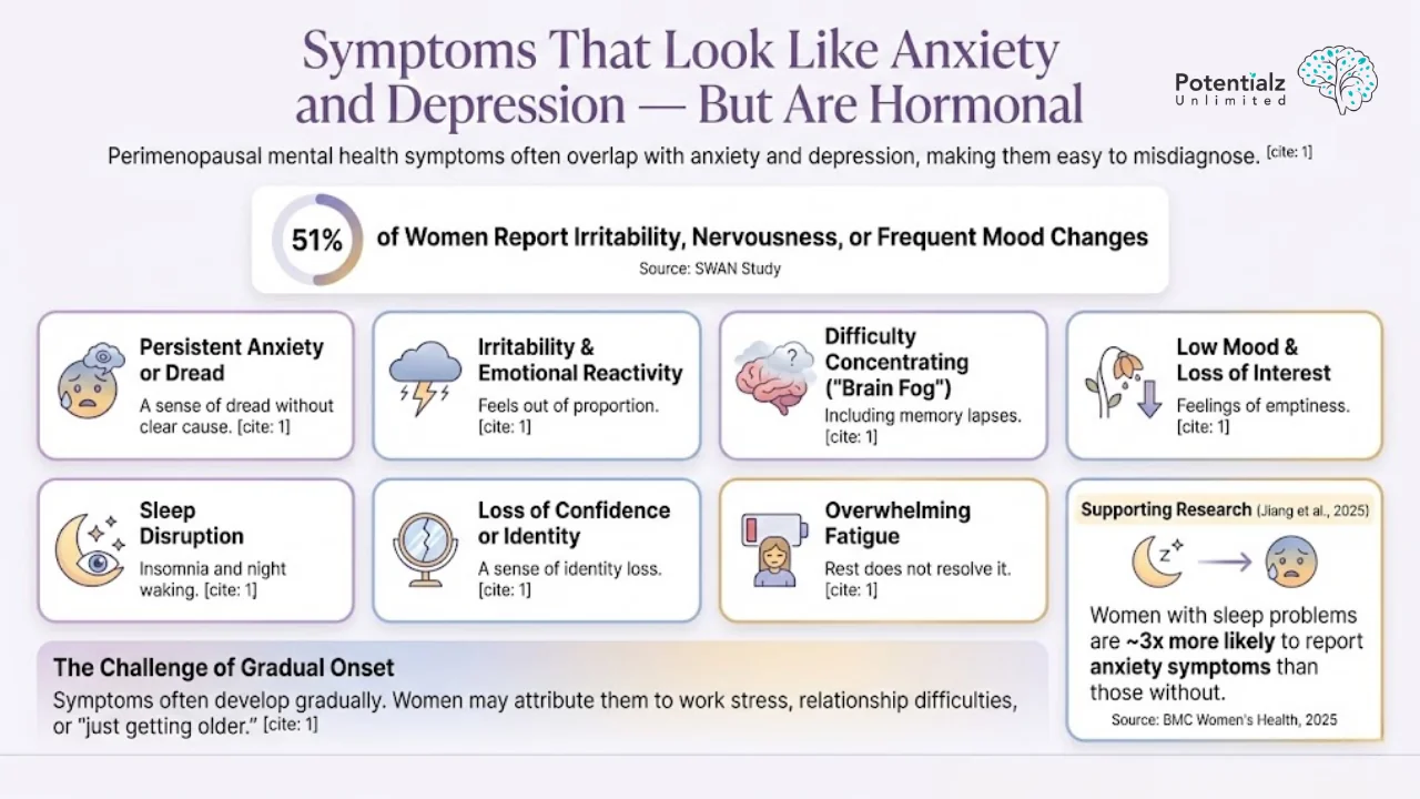 Understanding Perimenopausal Mental Health: Symptoms like anxiety and depression may actually be hormonal in nature, affecting 51% of women with signs such as irritability, sleep disruption, and overwhelming fatigue. Recognizing these can prevent misdiagnosis and improve well-being.