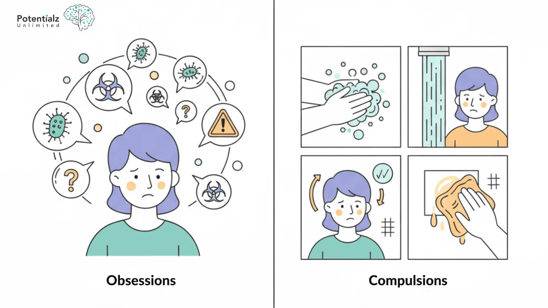 A split-screen illustration depicts the dual experiences of obsessive-compulsive disorder.