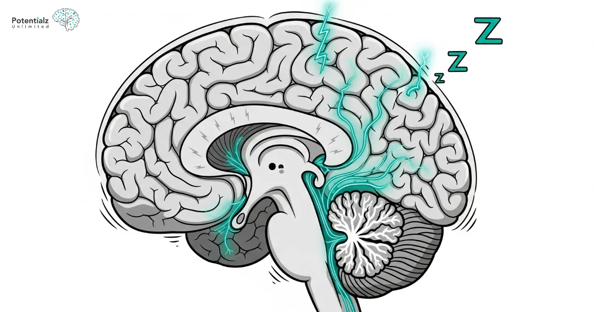 A cross-section view of a sleeping brain with highlighted areas showing neural activity