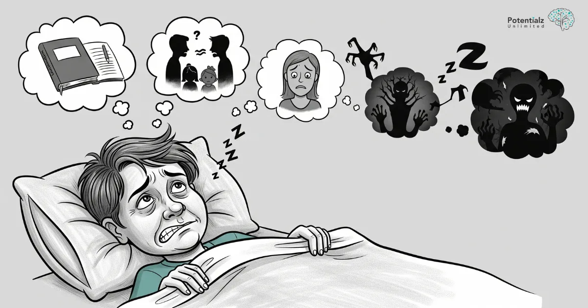 A person lying in bed with thought bubbles showing daily worries
