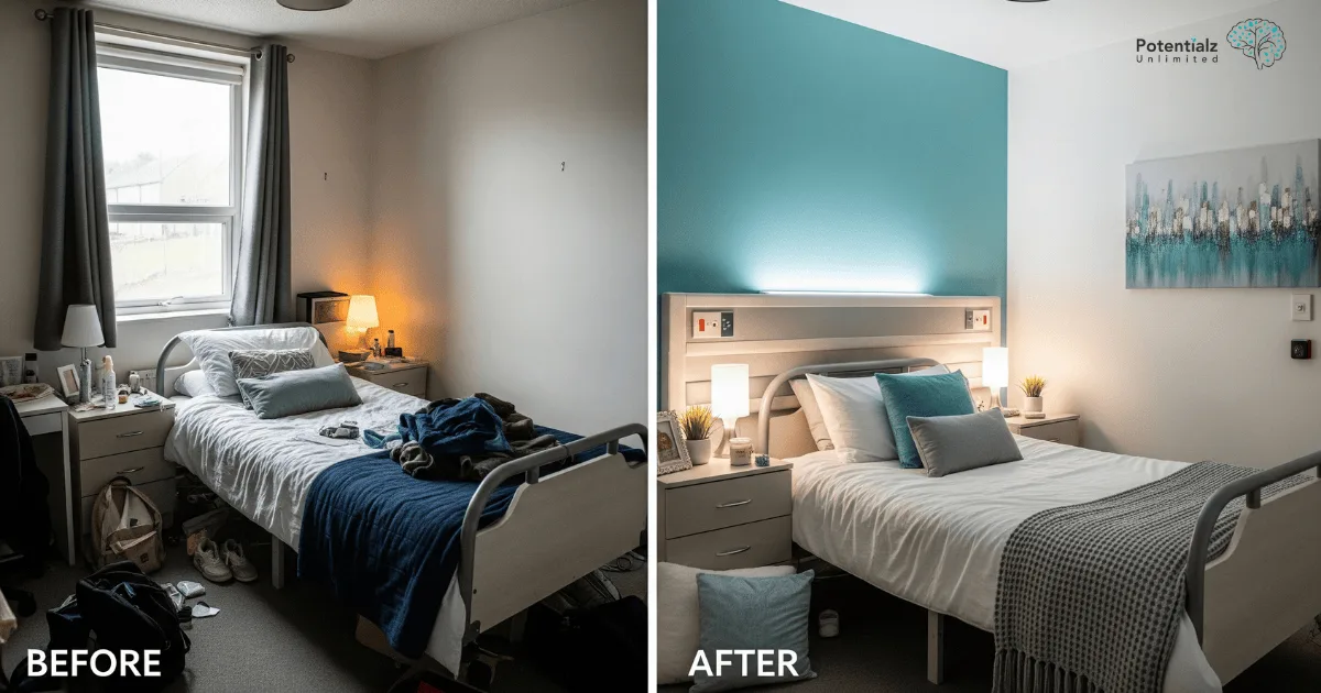 A comprehensive bedroom makeover showing before and after - the 'before' side shows a chaotic, anxiety-inducing space with harsh lighting and clutter, while the 'after' side displays a serene trauma-informed sanctuary with strategic bed placement, layered lighting options, calming colors, security features, and comfort items, demonstrating practical safety and healing principles.