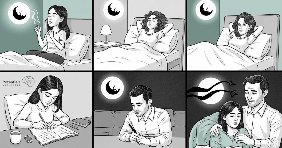 A night-time scene showing various nightmare management techniques