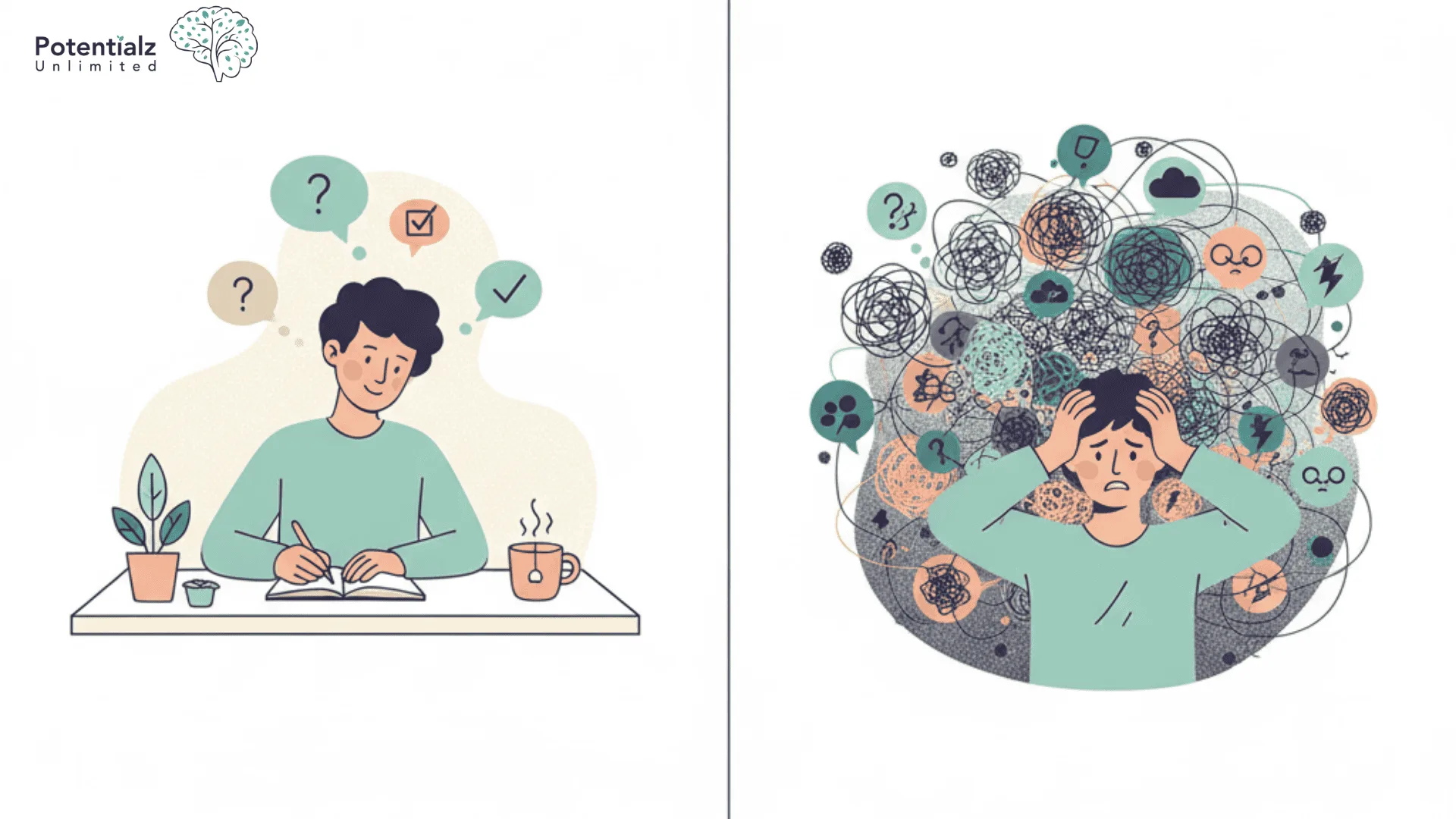 Navigating Thoughts: A comparison between healthy questioning through journaling and the overwhelming nature of OCD thoughts.