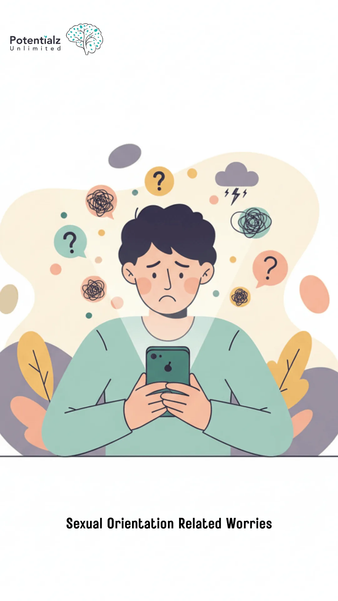 A person scrolls through their phone, filled with anxiety and confusion about their sexual orientation, depicted by surrounding question marks and worry symbols.
