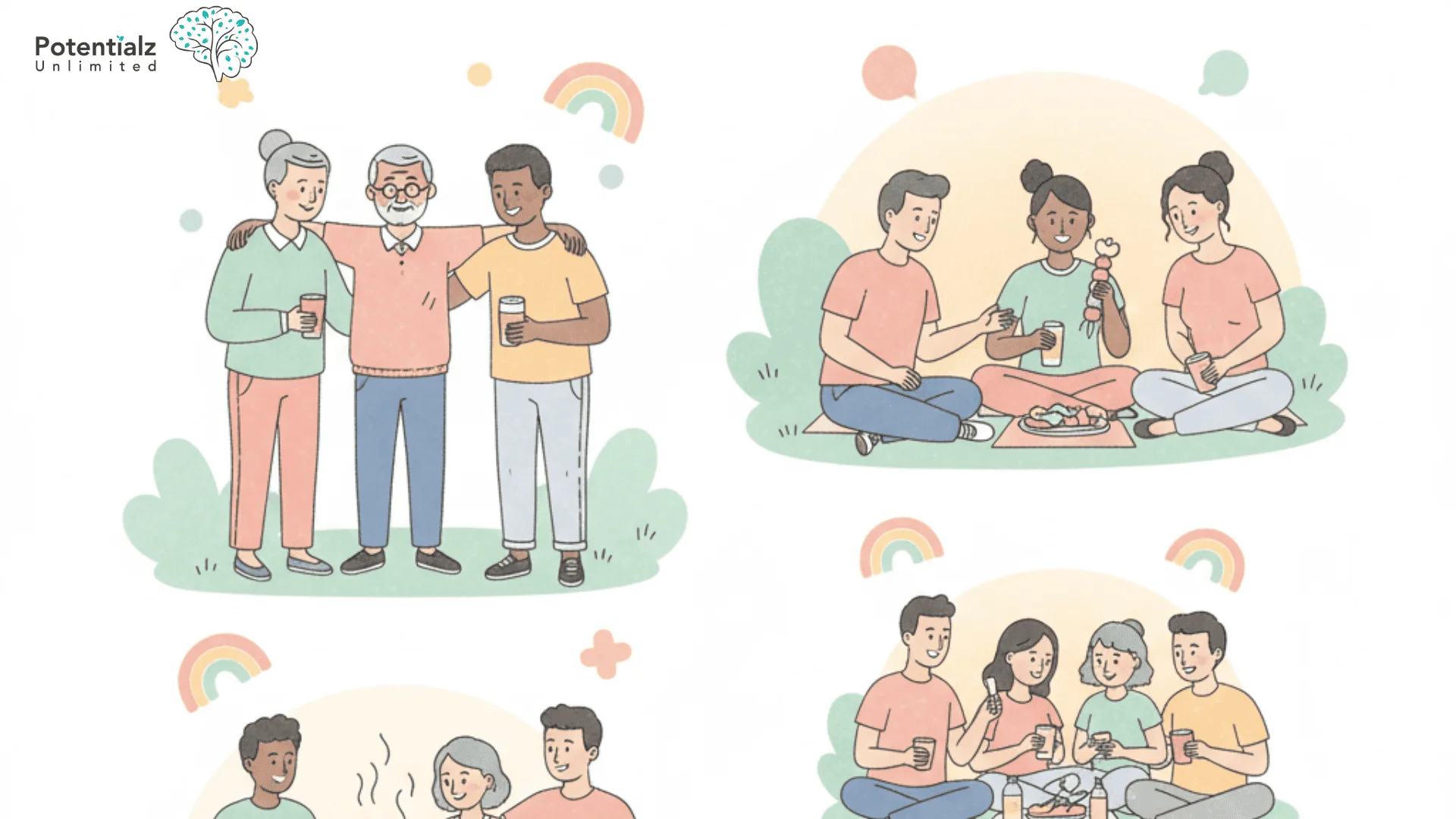 A heartwarming illustration depicting a diverse community gathering, where people of all ages and backgrounds share laughter, food, and support one another.