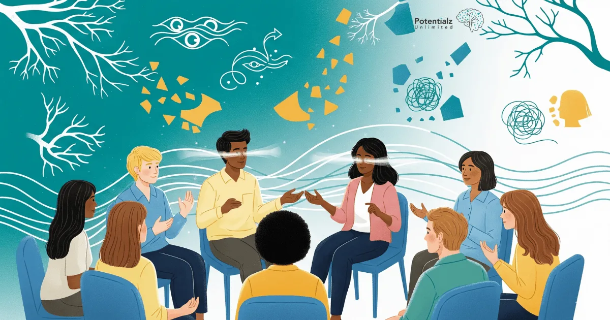 A diverse group of individuals engage in a supportive therapy session, fostering open communication and mutual understanding in a welcoming environment.