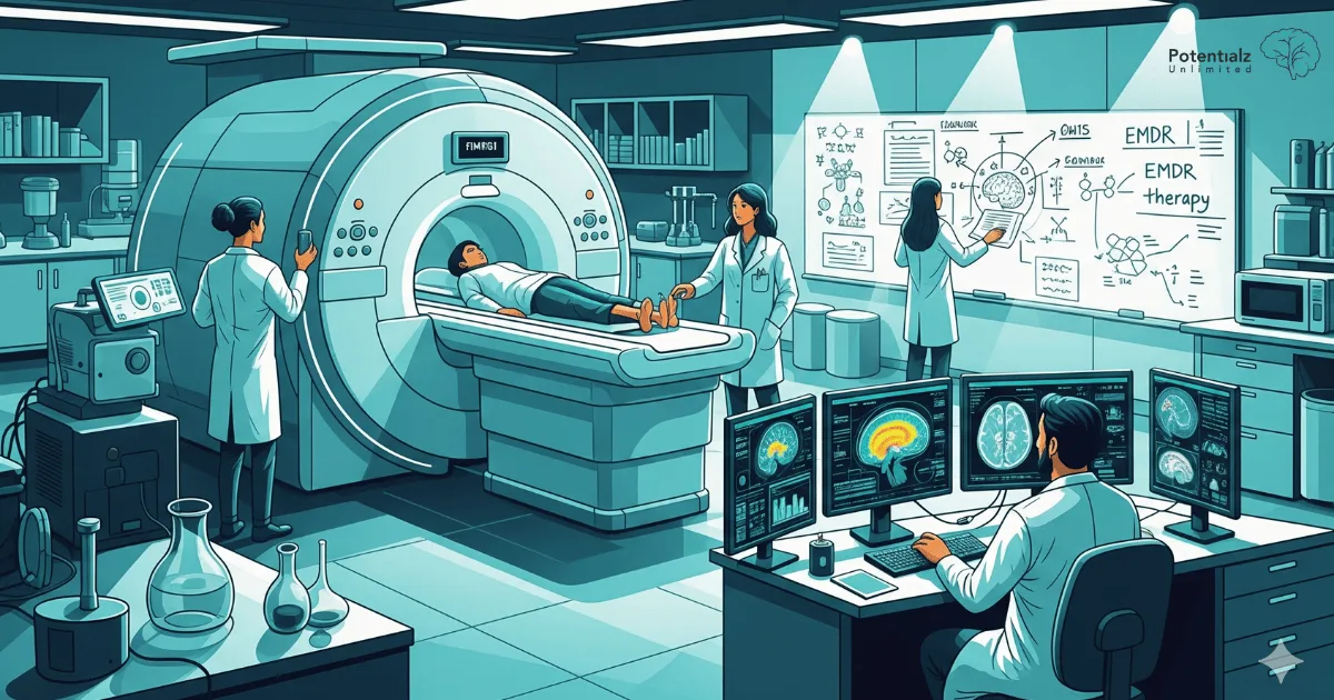 Researchers in a modern laboratory utilize brain imaging technology to study the effects of EMDR therapy, with screens displaying brain scans and diagrams detailing the therapeutic process.