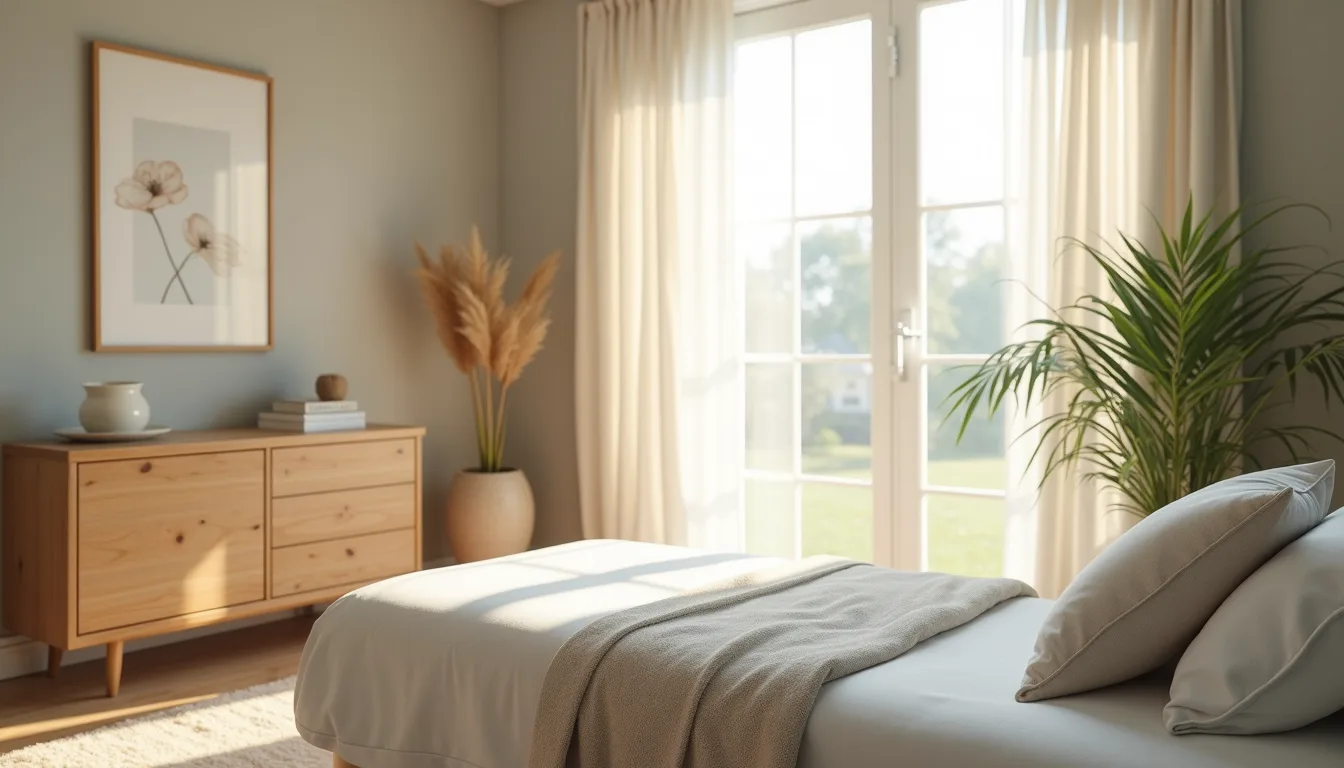High-angle view of a serene therapy room with calming decor