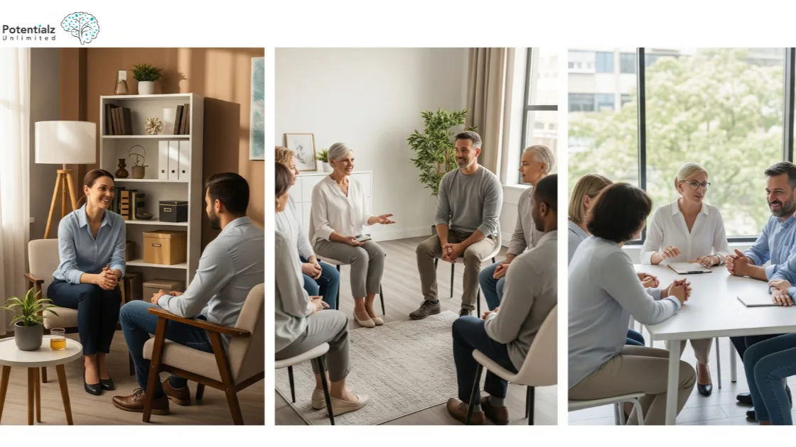 A collage showing different psychotherapy settings