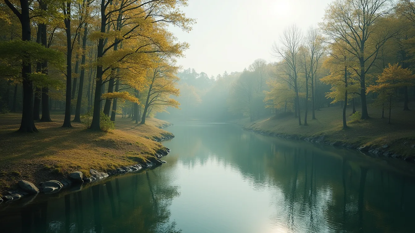 High angle view of a calming nature scene with trees and a tranquil water body