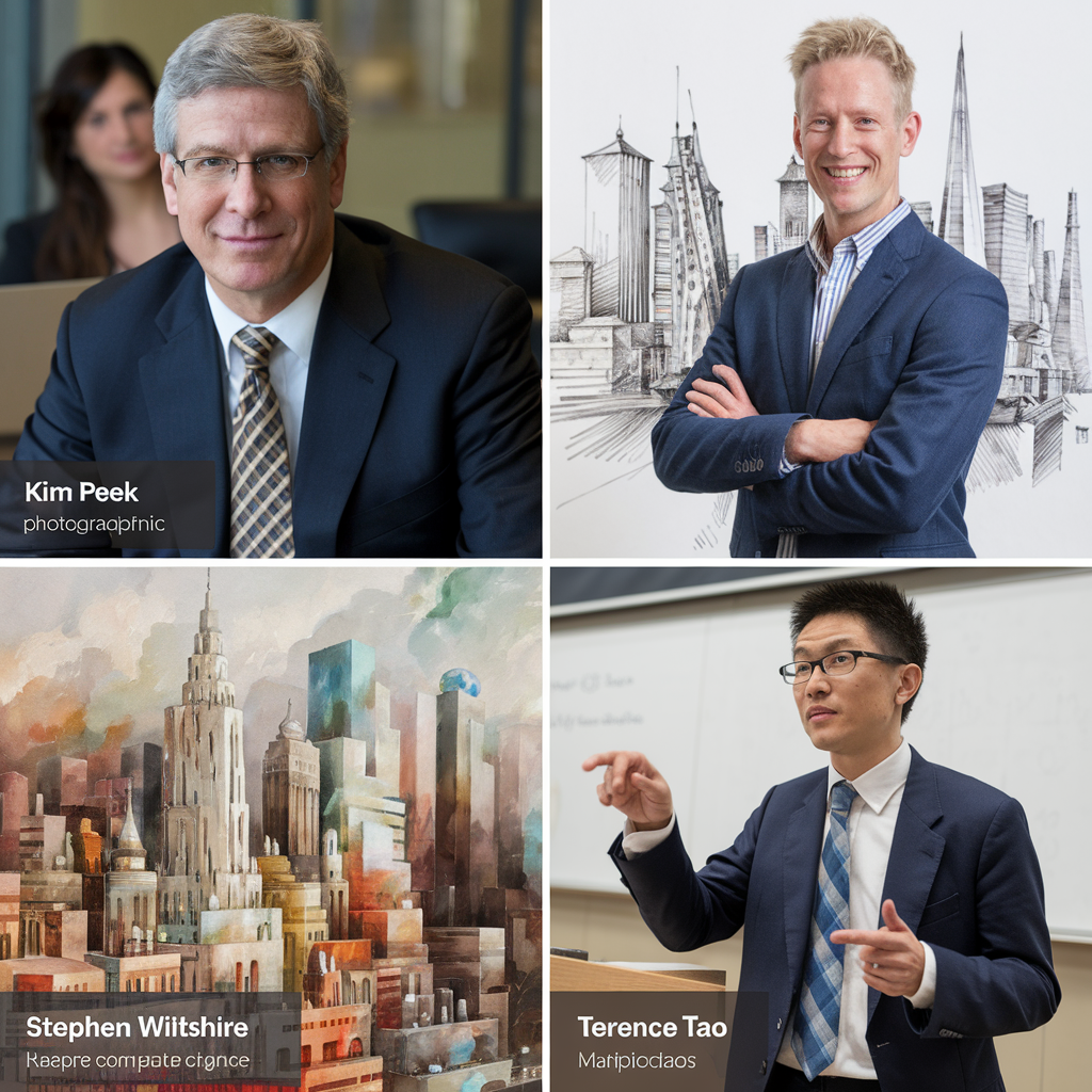 AI Created collage depicting Kim Peek, Stephen Wiltshire and Terence Tao