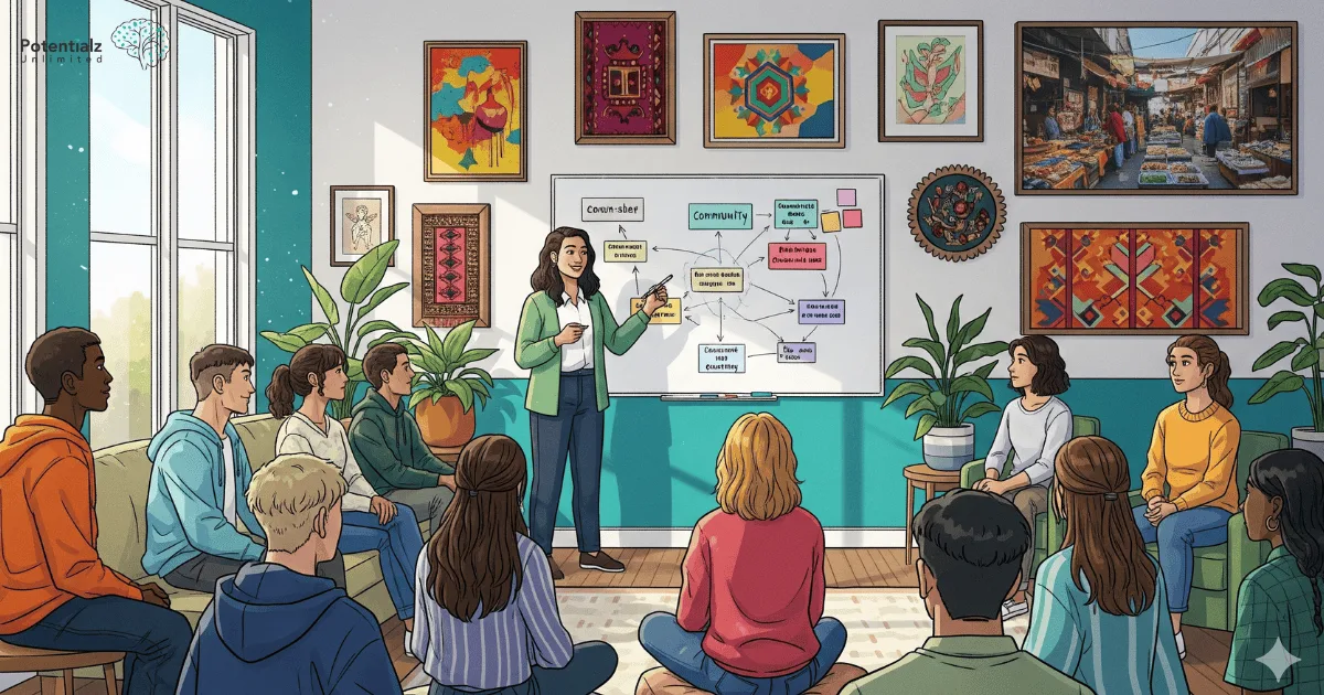 A diverse group of young people sitting in a comfortable community centre.