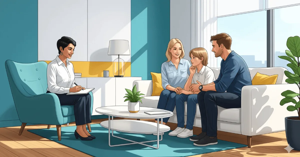A psychologist engages in a meaningful conversation with a young Australian family in a bright, modern office setting.