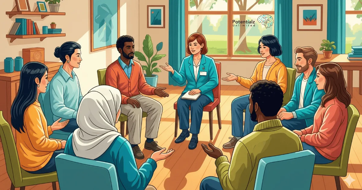 A diverse group shares their stories in a warm and inclusive group therapy session, facilitated by a bilingual therapist at a community center.