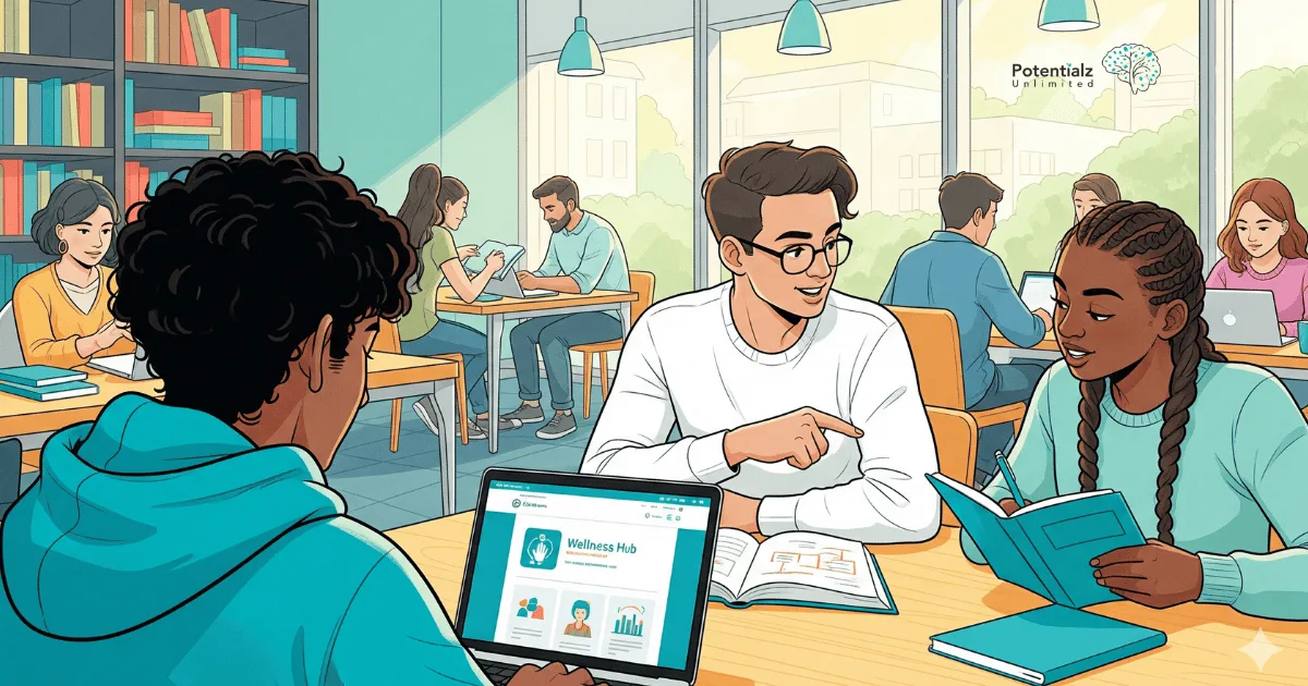 University students engage in collaborative study in a modern library, as one accesses mental health resources online, illustrating the seamless integration of support and academics in a positive and inclusive atmosphere.
