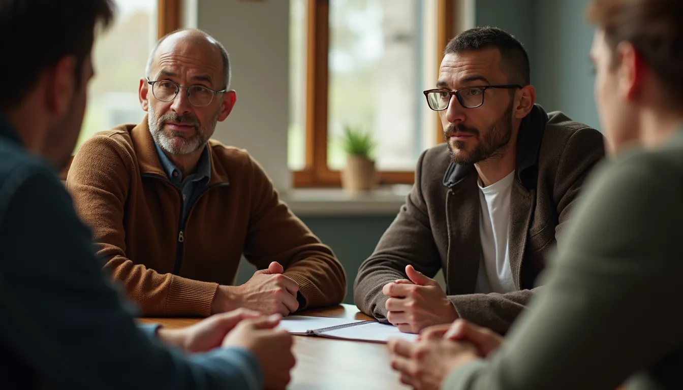 High angle view of a community support group engaged in discussion