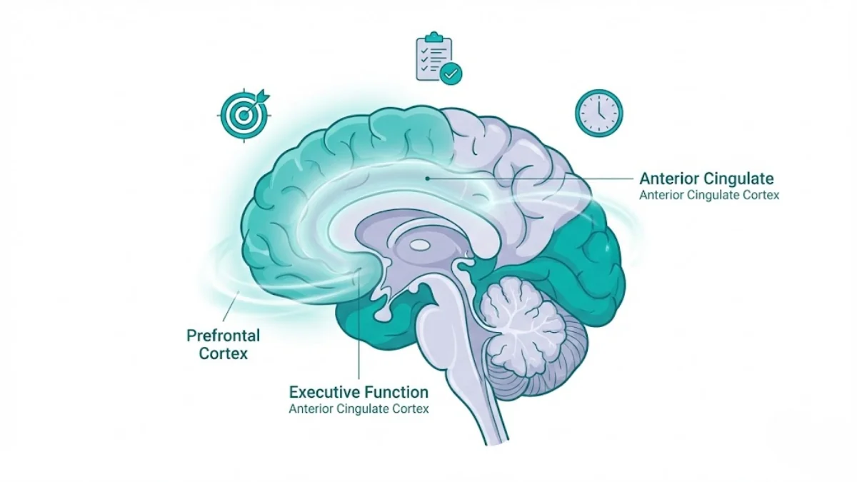 Scientific illustration of brain regions involved in attention and executive function for ADHD assessment