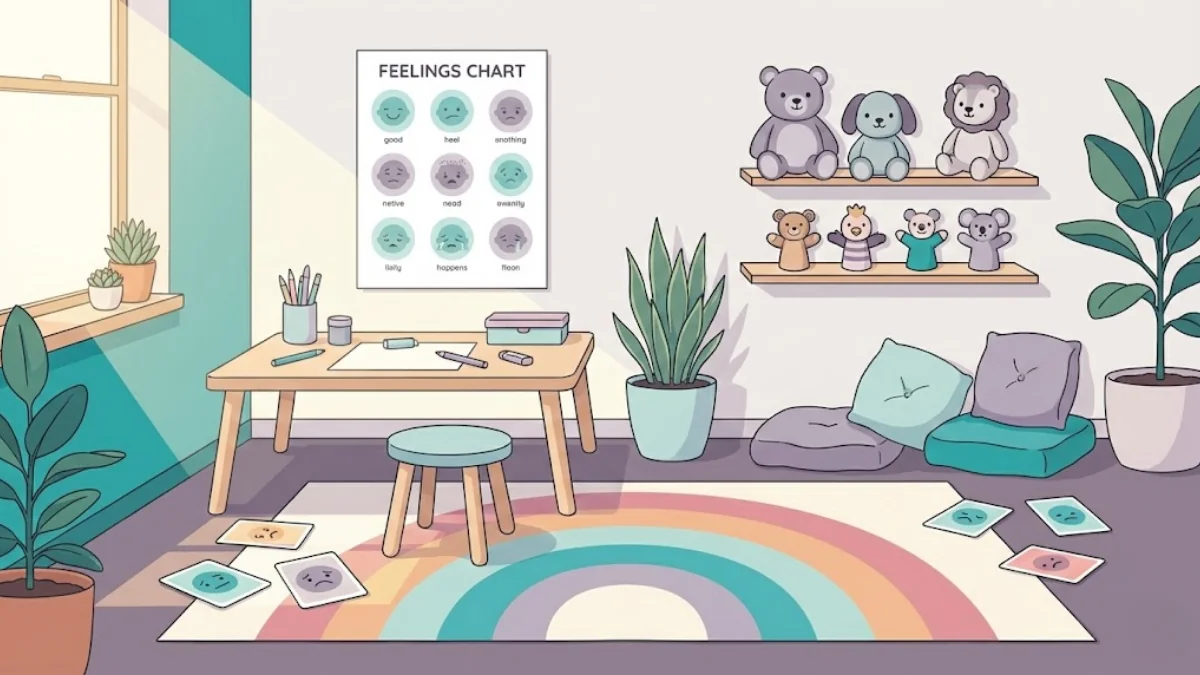 Warm, child-friendly therapy space with age-appropriate therapeutic tools and materials