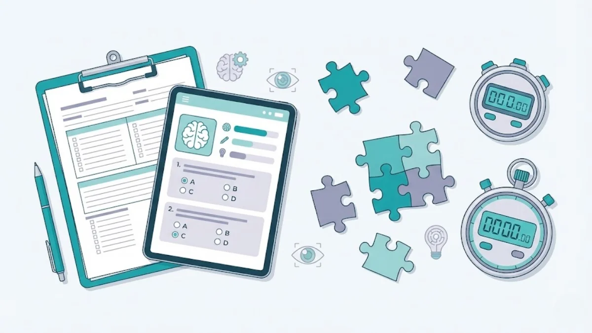 Professional illustration of psychological assessment tools including clipboard and test materials