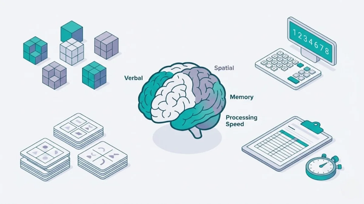 Scientific illustration of IQ testing materials and cognitive assessment tools including WISC and WAIS components