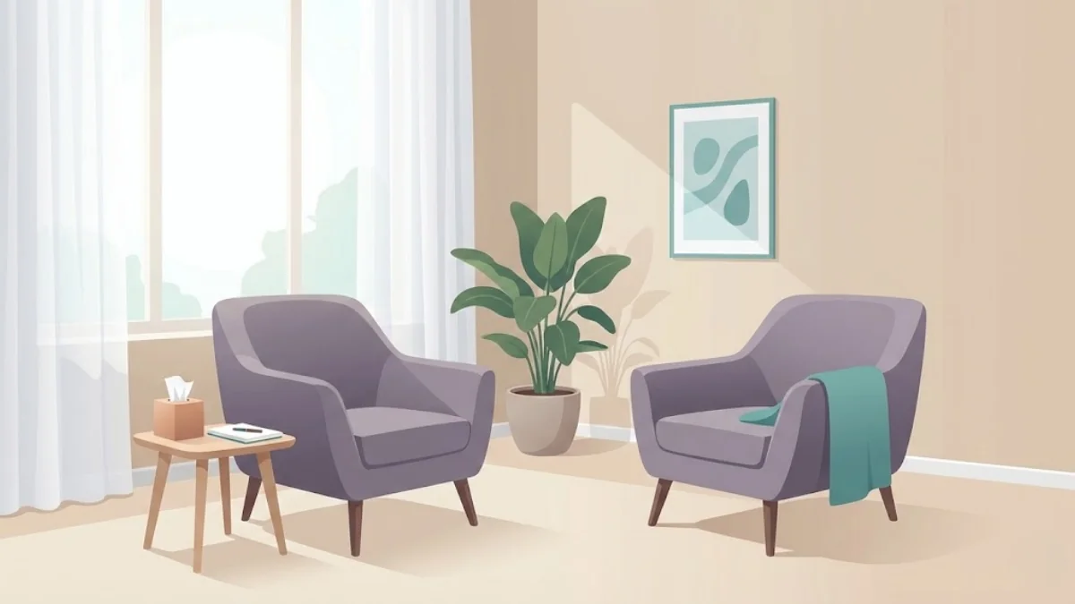 Serene therapy consultation room with comfortable seating and calming atmosphere
